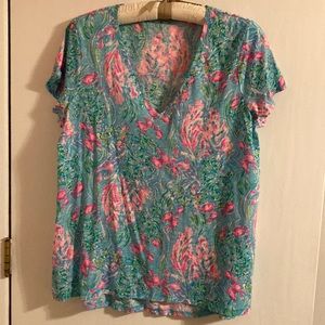 Lilly Pulitzer Best Fishes Blue Tee Pink Fishes XL
